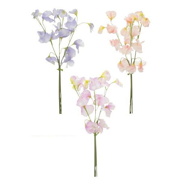 花径：約3〜4.5cm 全長：約37cm カラー：ブルー、ピンク、ラベンダー 造花 スイートピー スイトピー アートフラワー造花のスイートピー。3本束ねたバンドルタイプです。 花径：約3〜4.5cm 全長：約37cm カラー：ブルー、ピンク、ラベンダー