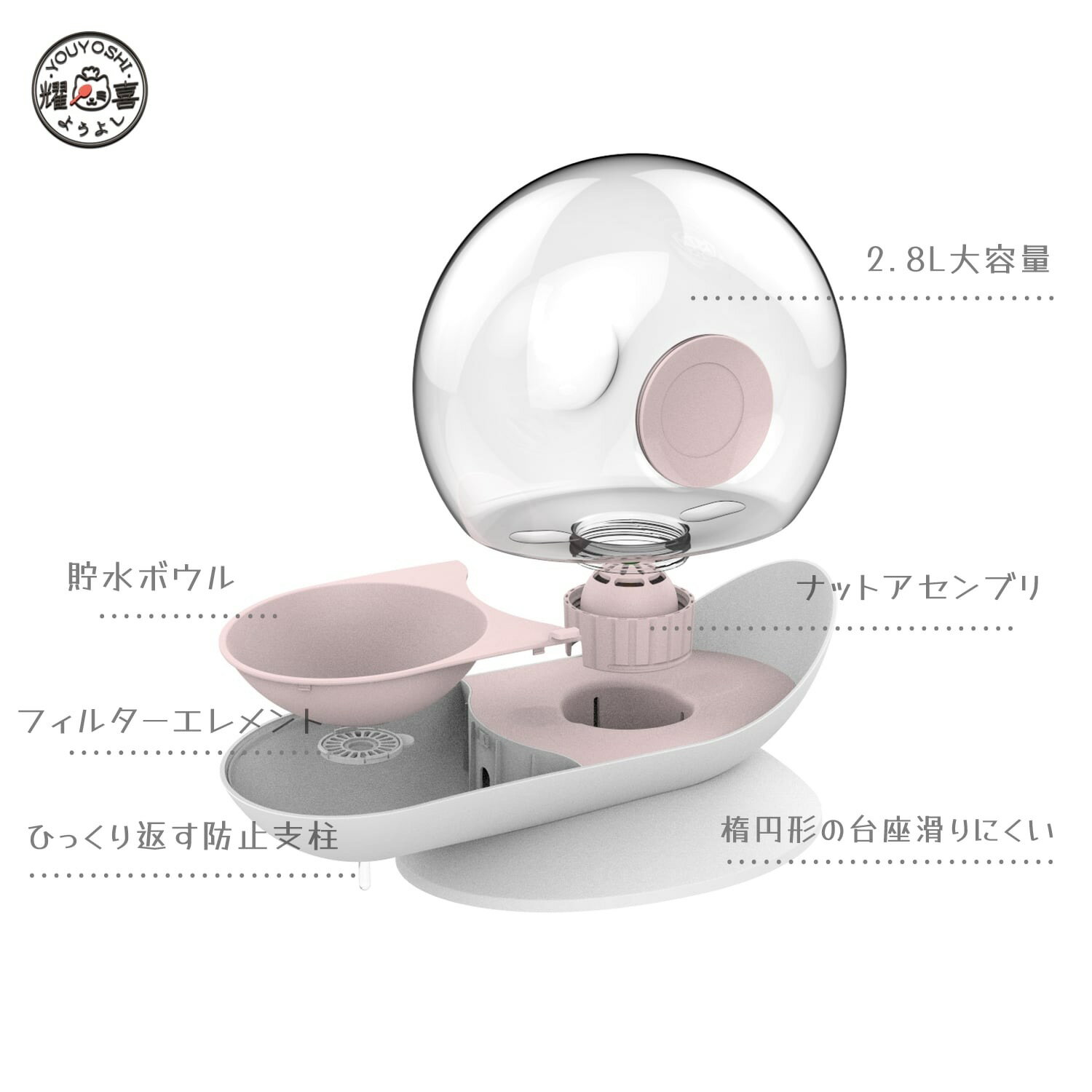 猫 水飲み器 犬 水飲み器 自動給水器猫用犬用 猫水フィルター 自動フィルター付き給水器 電気不要 自動補水ペット水飲みボウル 猫犬お留守番対策水飲み みずのみ器 大容量2.8L 給水器専用濾過芯6個入り