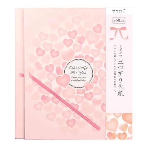 ミドリ 色紙 カラー色紙 三つ折り リボン ハート柄 33224006