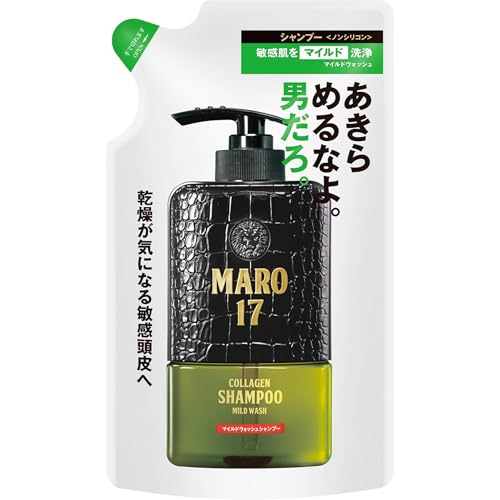 シャンプーシャンプー マイルドウォッシュ 300/詰め替え/-・ScentName:シャンプー マイルドウォッシュSize:詰め替え・パッケージ個数:1・その頭皮に逆転劇を。・男のためのプレミアムなシャンプー・乾燥が気になる敏感な頭皮をやさしく洗います。・毛髪のハリ・コシをサポートする3Dファイバー×3Dコアマッスルプロテイン配合・ノンシリコン商品紹介 その頭皮に逆転劇を。 MARO17独自処方のペプチド*1(保湿)配合、男のためのプレミアムなシャンプー。乾燥が気になる敏感な頭皮をやさしく洗います。 ●アミノ酸系洗浄成分配合で敏感頭皮をやさしく洗います ●植物幹細胞(*2)由来成分配合 ●毛髪のハリ・コシをサポートする3Dファイバー×3Dコアマッスルプロテイン配合 ●ノンシリコン *1:独自処方ペプチド(アセチルテトラペプチド-3、トリフルオロアセチルトリペプチド-2(すべて保湿成分)) *2:リンゴ果実培養細胞エキス(保湿) ※コラーゲン配合(保湿) 使用上の注意 【使用上の注意】●メントールの冷感刺激に弱い方はご使用をお控えください。●頭皮に傷、はれもの、しっしん等、異常のある時は、ご使用にならないでください。●使用中や使用後に、赤み、はれ、かゆみ、刺激等の異常が現れた時は使用を中止し、皮膚科医へ相談してください。使い続けると症状が悪化することがあります。●目に入らないようにください。目に入った場合は、こすらずにすぐ洗い流してください。目に異物感が残る場合は、眼科医にご相談ください。【 保管上及び取り扱い上の】●極端に高温・低温の場所、直射日光のあたる場所には保管しないでください。●乳幼児の手の届かない場所で保管してください。 原材料・成分 水、ココイルグルタミン酸TEA、ココイルアラニンTEA、コカミドプロピルベタイン、コカミドメチルMEA、ラウリルベタイン、ヤシ油脂肪酸PEG-7グリセリル、アセチルテトラペプチド-3、アカツメクサ花エキス、リンゴ果実培養細胞エキス、ヤナギラン花/葉/茎エキス、トリフルオロアセチルトリペプチド-2、10-ヒドロキシデカン酸、セバシン酸、1 10-デカンジオール、コラーゲン、アボカド油脂肪酸ブチル、ホホバ種子油、アボカド油、月見草油、ハイブリッドサフラワー油、オリーブ果実油、水溶性コラーゲン、ヒアルロン酸Na、加水分解ダイズタンパク、ホエイ(牛乳)、アルゲエキス、ヒバマタエキス、ビワ葉エキス、トウキ根エキス、アカヤジオウ根エキス、ナツメ果実エキス、ヨモギ葉エキス、ヒオウギエキス、ダイズ芽エキス、ローヤルゼリーエキス、PEG-32、PEG-6、PEG-150、DPG、BG、ポリタニウム-10、メントール、デキストラン、キサンタンガム、デシルグルコシド、トリイソステアリン酸PEG-160ソルビタン、ジステアリン酸PEG-150、レシチン、PEG-100水添ヒマシ油、PEG-60水添ヒマシ油、グリセリン、エタノール、クエン酸Na、水酸化Na、クエン酸、ピロ亜硫酸Na、EDTA-2Na、安息香酸Na、フェノキシエタノール、ソルビン酸K、香料、カラメル 使用方法 適量を手にとり、毛髪・頭皮をマッサージするように泡立てて洗い、よくすすいでください。マーロ17シリーズでご使用頂くことをお勧めします。 安全警告 【使用上の注意】●メントールの冷感刺激に弱い方はご使用をお控えください。●頭皮に傷、はれもの、しっしん等、異常のある時は、ご使用にならないでください。●使用中や使用後に、赤み、はれ、かゆみ、刺激等の異常が現れた時は使用を中止し、皮膚科医へ相談してください。使い続けると症状が悪化することがあります。●目に入らないようにください。目に入った場合は、こすらずにすぐ洗い流してください。目に異物感が残る場合は、眼科医にご相談ください。【 保管上及び取り扱い上の】●極端に高温・低温の場所、直射日光のあたる場所には保管しないでください。●乳幼児の手の届かない場所で保管してください。 （免責）＞必ずお読みください ※パッケージデザイン等は予告なく変更されることがあります