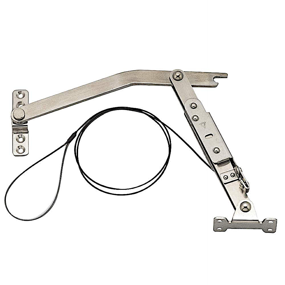 ステンレス製 ロック付 重量扉用 ステー 手元ロック解除用ワイヤー付［スガツネ］YA-2020W (仕上:光沢バレル研磨) (仕様:左用・右用)「スガツネ製品ならカネマサ」