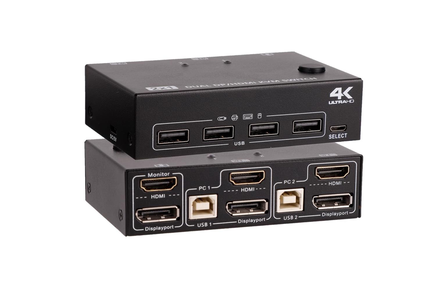 DP HDMI KVMスイッチ HDMIスイッチ KVM切替器 2入力2出力 2台のコンピューター 4K 60Hz 4USB2.0ハブ付..