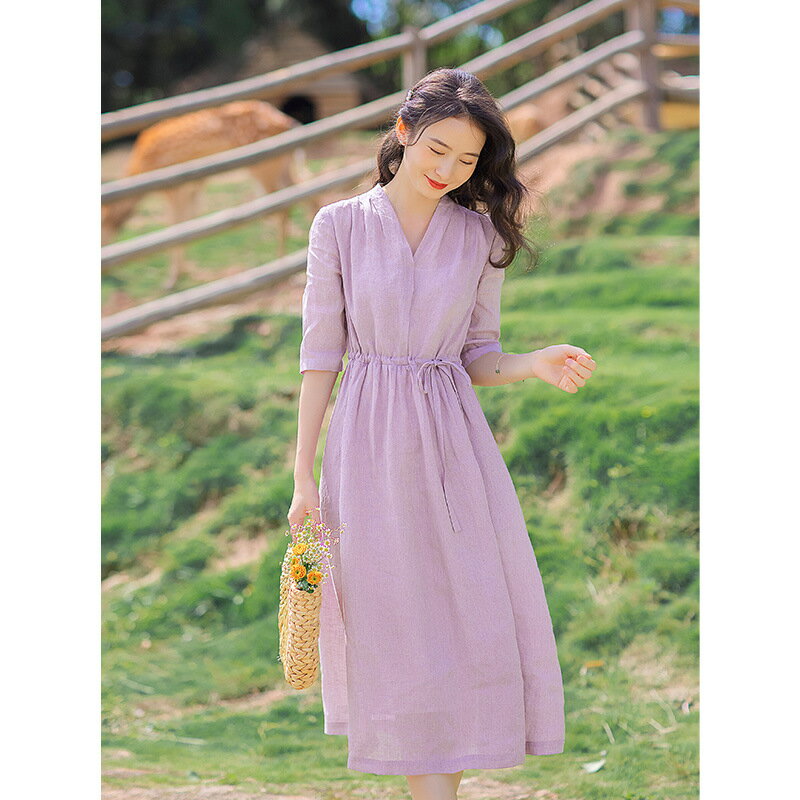 綿麻リネンフォーマルドレスロングドレスVネックフレアワンピースミディアム丈 キレイめ 五分袖 旅行大きいサイズ オシャレ ビーチウェア