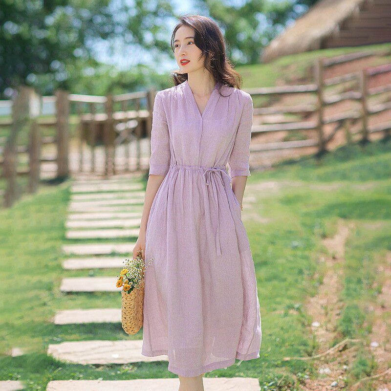 綿麻リネンフォーマルドレスロングドレスVネックフレアワンピースミディアム丈 キレイめ 五分袖 旅行大きいサイズ オシャレ ビーチウェア