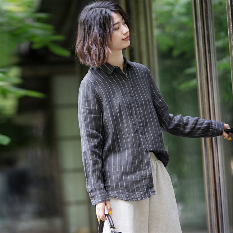 ストライプシャツ体型カバー大きいサイズ 長袖リネンブラウス トップス シャツグレーカジュアル通勤 通学 オシャレ