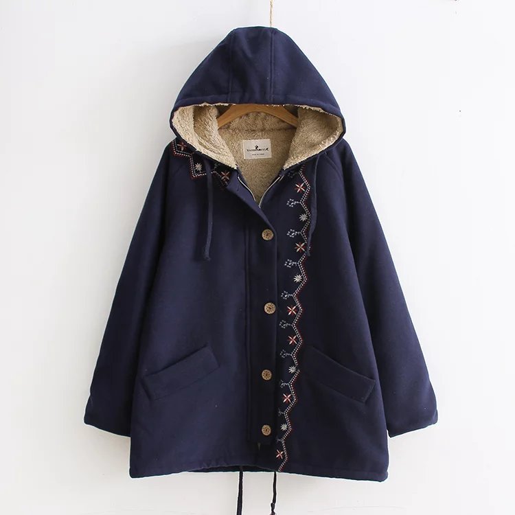学院風 可愛い女の子 刺繍 ダッフルコート 厚手 裏起毛 内ボア ジャケット フード付け 冬 アウター 暖かい パーカーコートブルゾンジャンパーネイビー