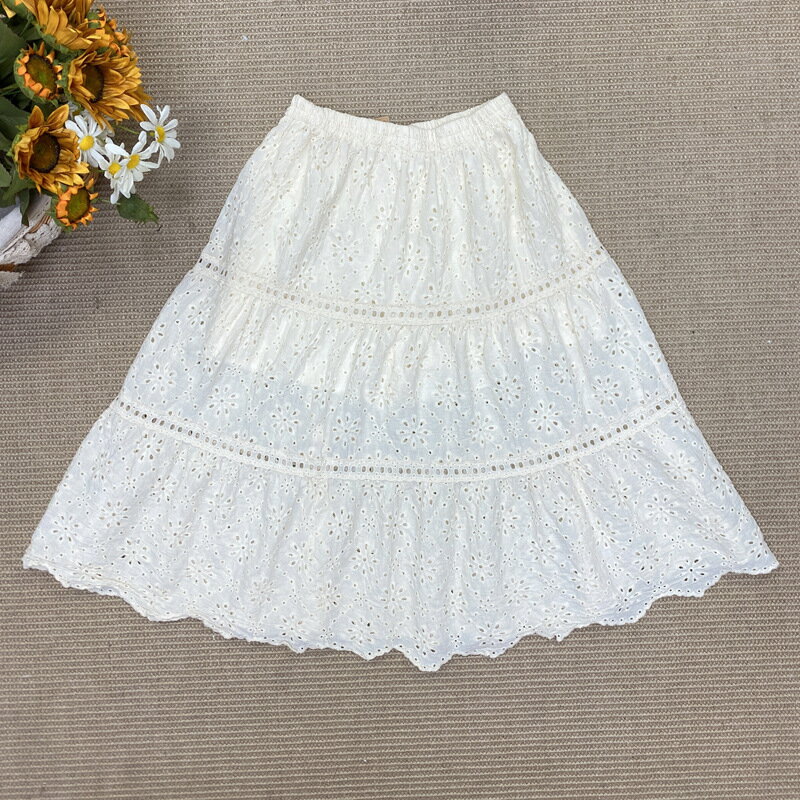 フレアスカートコットン 透かし彫り刺繍レーススカート ロング丈 Aライン ハイウエ...