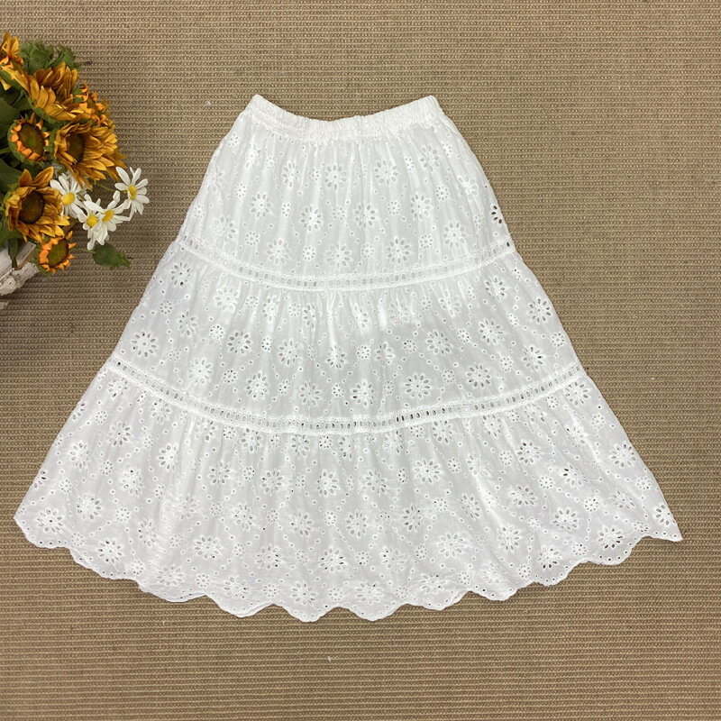 フレアスカートコットン 透かし彫り刺繍レーススカート ロング丈 Aライン ハイウエ...