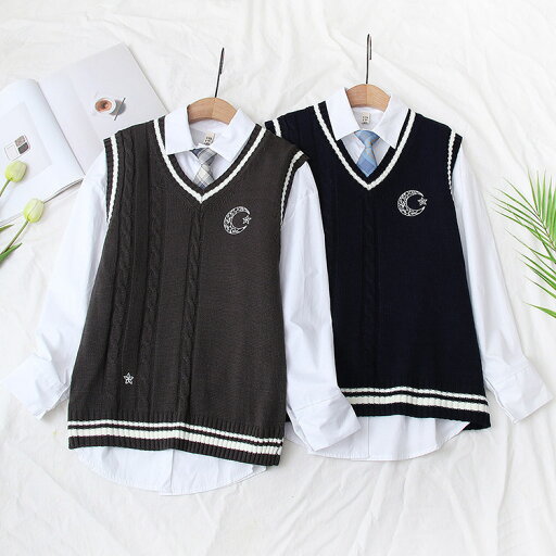 2点セットスクールベスト 白シャツVネックライン切り替えベスト 刺しゅうノースリーブニット 重ね着 可愛い シンプル 大きいサイズ 制服 学生 コスチューム