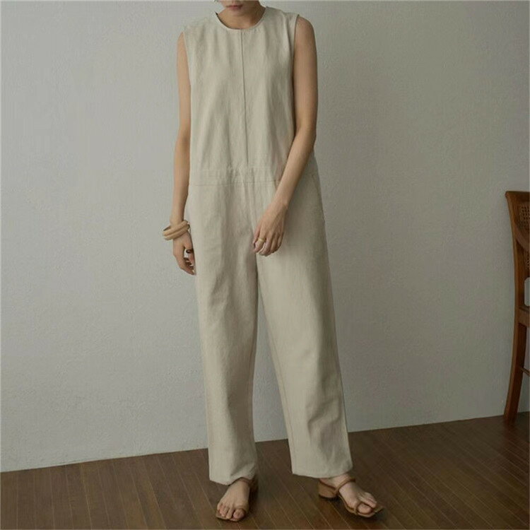 サロペットオールインワン バックボタンロングパンツ ワイド パンツ 袖なし ママ ...