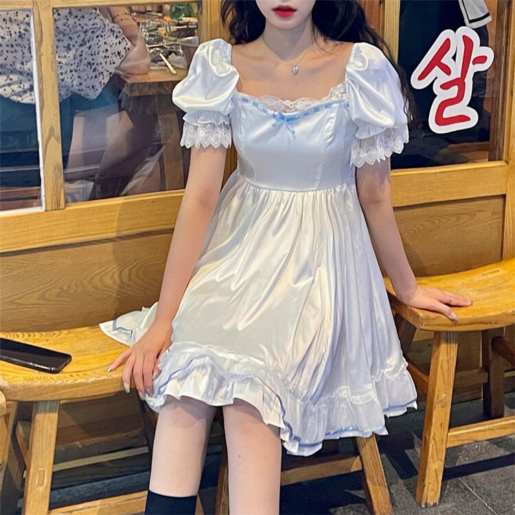 甘い風ロリータプリンセスドレスロリィタAラインレースフレア女の子 大人可愛いメイド服 ワンピース結婚式 花嫁 演奏会二次会 パーティードレス 半袖ホワイト