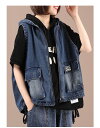 2色春秋 ポケットフード付き ノースリーブ 袖なしデニム ベストタンクトップ レディース ゆったり BF風 アウタートップス カジュアル