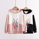 2色長袖Tシャツ 切り替えプルオーバー スウェット 萌え可愛い猫 パーカー耳フード付き ジャケット パーカーコート