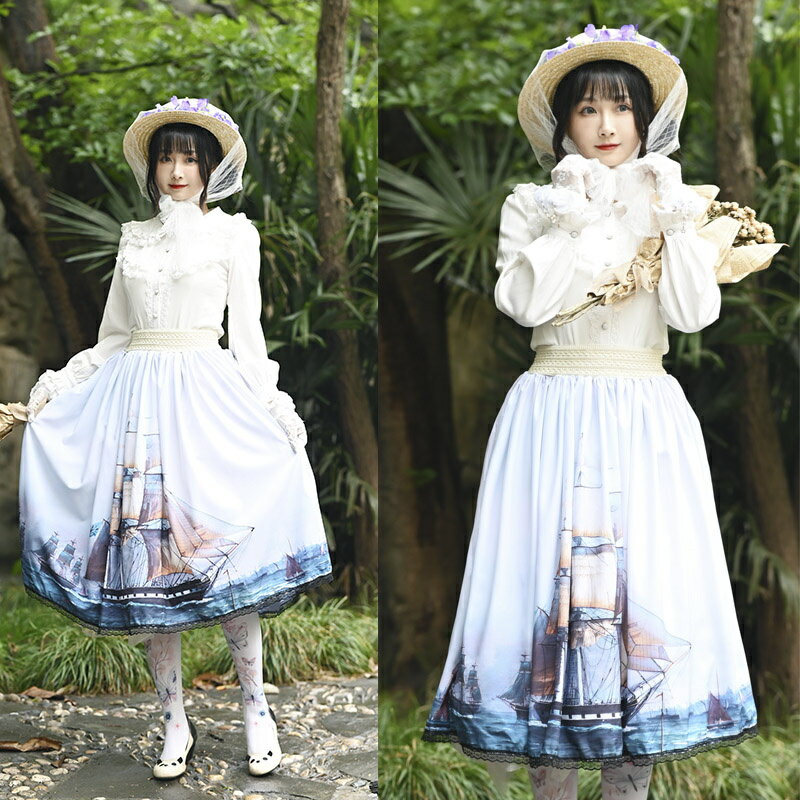 樂天商城 - 油絵のプリントスカート 甘いロリータオーバースカートライトスカイブルーレースデイリーカジュアルティーパーティーロリータスカートデート 通学