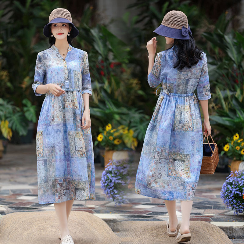 花柄　リネンワンピース　Vネック　ゆったり　レディース 体型カバー着痩せ　プレゼント 新作　お洒落 キレイめ 　夏用　涼しい20代30代40代