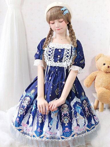 甘いロリータOPドレスレースブルー半袖ロリータワンピースドレス 甘いロリータOPドレスレースブルー半袖ロリータワンピースドレス