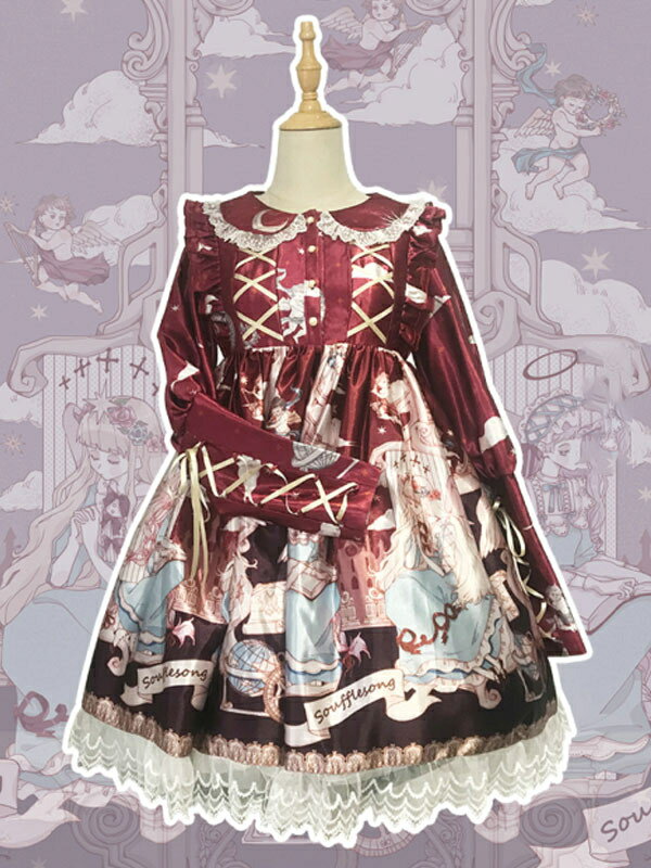 カスタマイズされた甘いロリータOPドレスレッドコーラルネバーランドフローラルプリントカスケードフリルリボンポリエステル長袖ロリータワンピースドレス