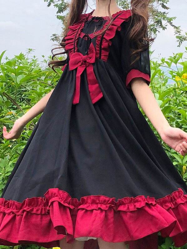 甘いロリータOPドレスポリエステル半袖黒赤ボウノットロリータワンピースドレス