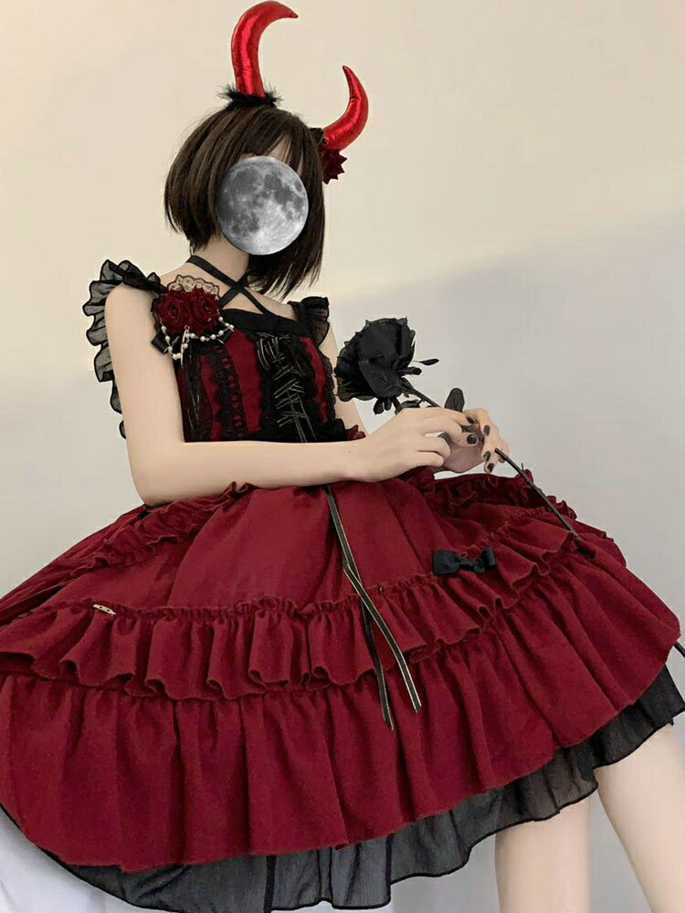 ブラックゴシックロリータJSKドレスネバーランドブルゴーニュノースリーブボウカスケードフリル七つの大罪怒りロリータジャンパースカート