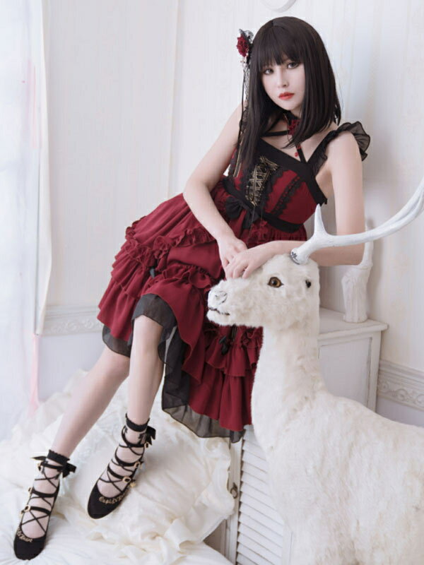 ブラックゴシックロリータJSKドレスネバーランドブルゴーニュノースリーブボウカスケードフリル七つの大罪怒りロリータジャンパースカート