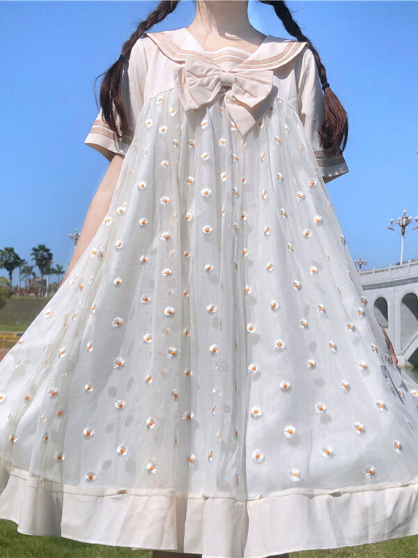 甘いロリータOPドレスポリエステル半袖刺?蝶結びカジュアルロリータワンピースドレス