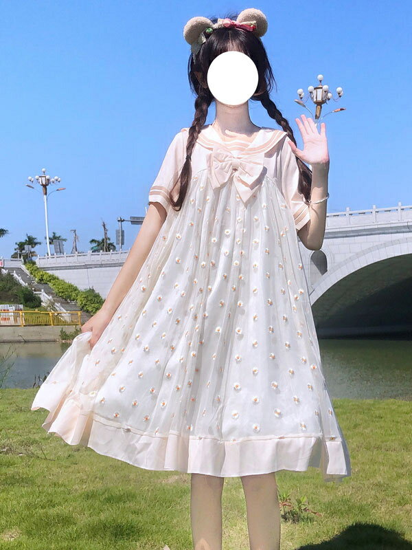 甘いロリータOPドレスポリエステル半袖刺?蝶結びカジュアルロリータワンピースドレス