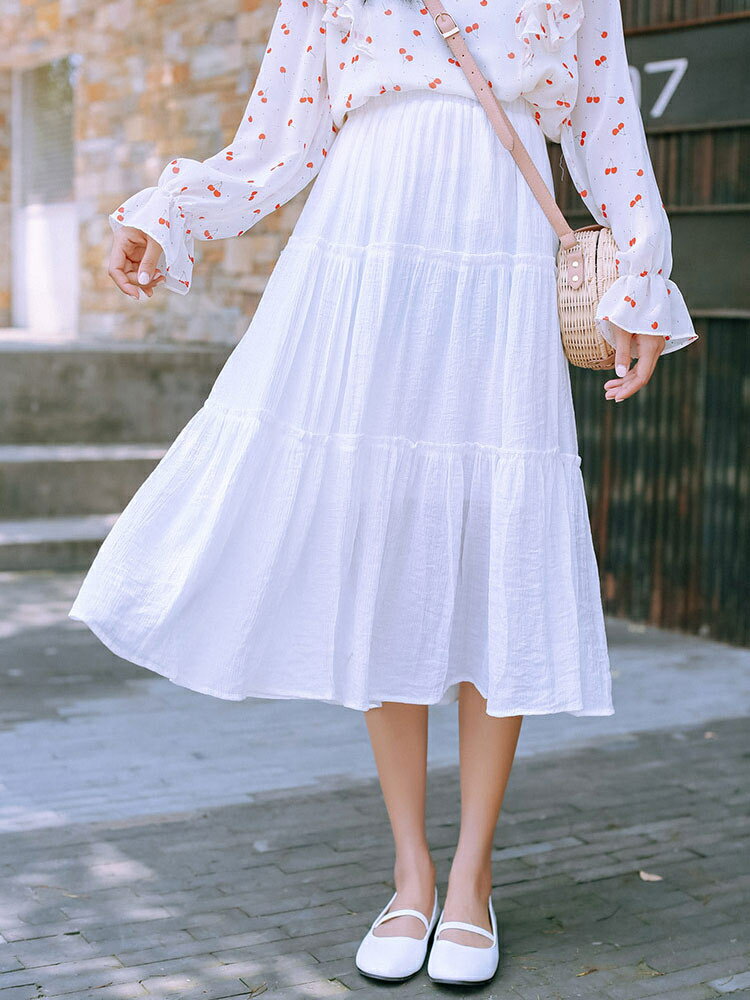 甘いロリータSKドレスティアードホワイトポリエステルデイリーカジュアルサマーロリータスカート