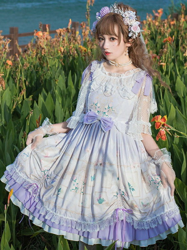 甘いロリータOPドレスネバーランドフローラルプリントライトスカイブルーフリルロリータワンピースドレス