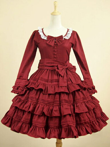 ロリィタ服 ワインレッド 無地 カジュアル ラウンドネック リボン 長袖 ドレス ロリィタ服 ワインレッド 無地 カジュアル ラウンドネック リボン 長袖 ドレス