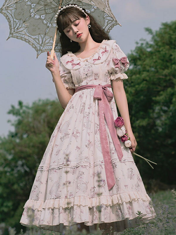 スウィートロリータオプトドレスポリエステル半袖ライトアプリコットロリータワンピースドレス