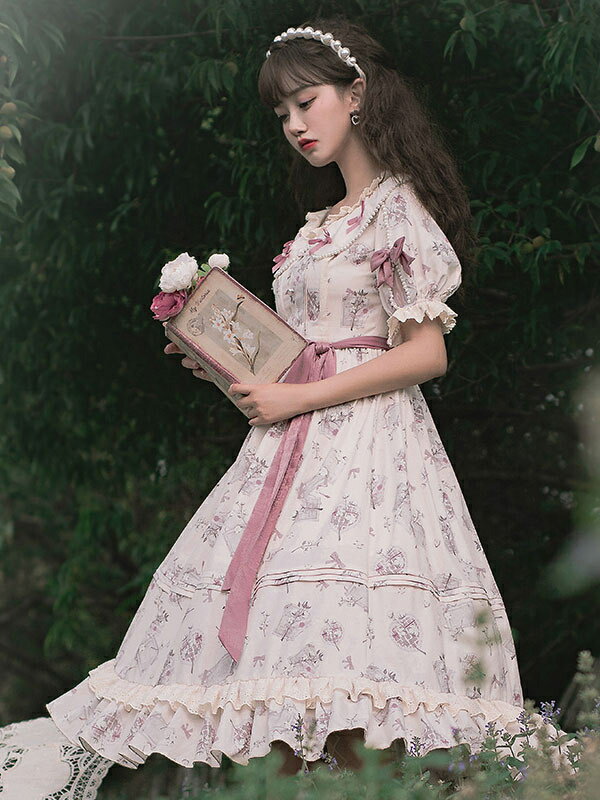 スウィートロリータオプトドレスポリエステル半袖ライトアプリコットロリータワンピースドレス