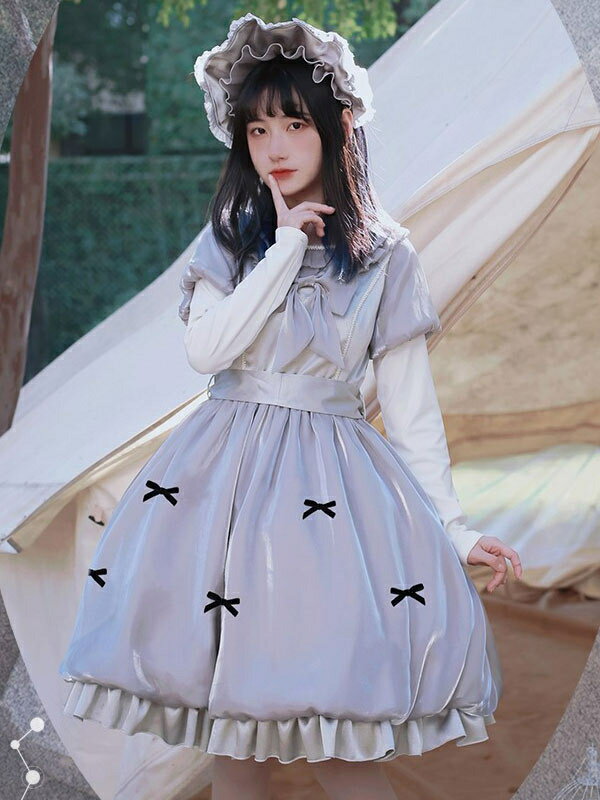 甘いロリータ OP ドレス ポリエステル 長袖 リボン フリル ライト グレー ロリータ ワンピース ドレス