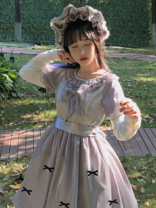 甘いロリータ OP ドレス ポリエステル 長袖 リボン フリル ライト グレー ロリータ ワンピース ドレス