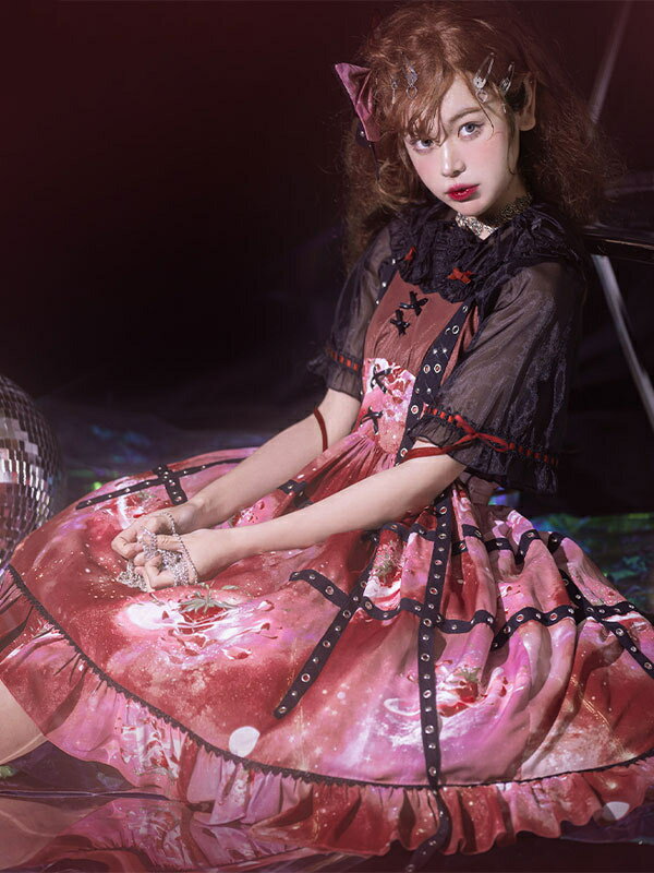 ゴシックロリータ JSK ドレス バーガンディ ノースリーブ フリル ポリエステル 花柄 ロリータ ジャンパー スカート