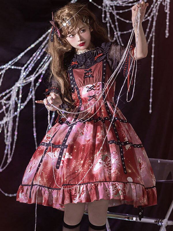 ゴシックロリータ JSK ドレス バーガンディ ノースリーブ フリル ポリエステル 花柄 ロリータ ジャンパー スカート