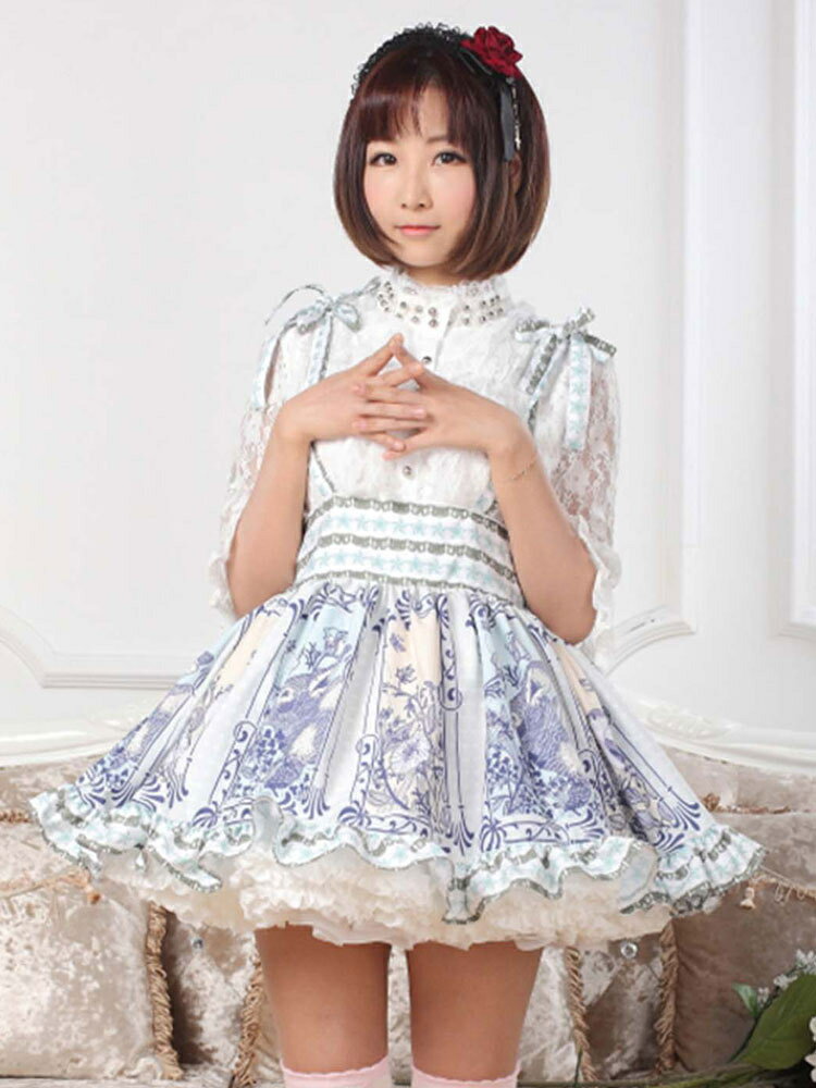 ロリィタスカート　グラスグリーン　可愛い　プリント柄　カジュアル　ポリエステル