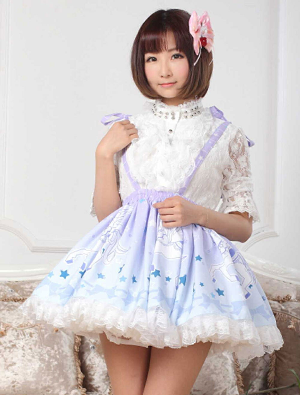 ロリータ服 スカート スィート ポリエステル プリント ブルー カジュアル