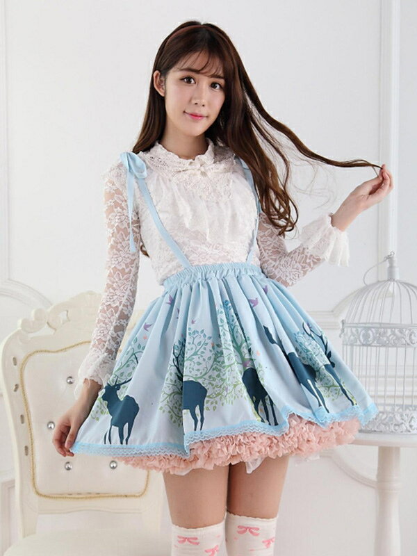 ロリータ服 スカート ブルー スィート プリント レース 動物 新作