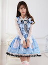 ロリータ服 ワンピース ブルー プリント ジャンパースカート ポリエステル スィート レース カジュアル
