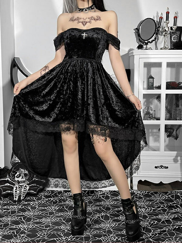 暗い風包まれたチェストドレスレースの透視メッシュラージスイングスカート