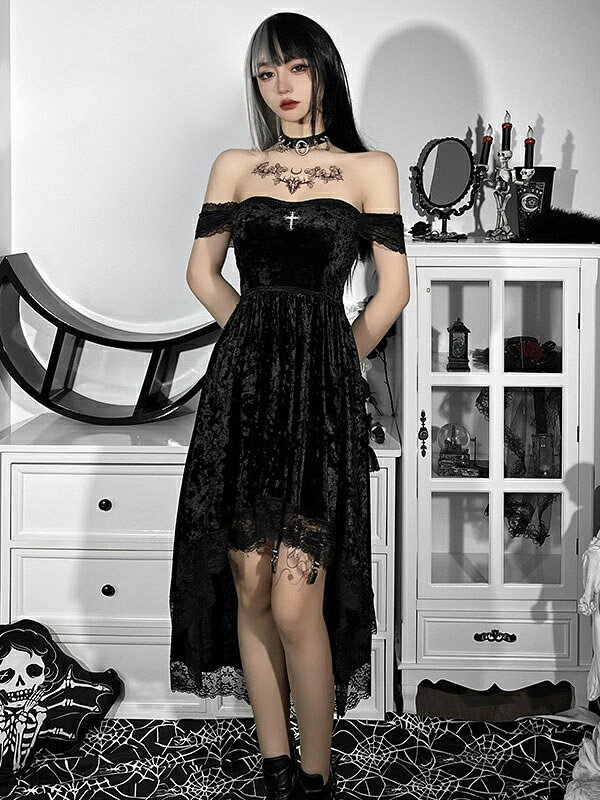 暗い風包まれたチェストドレスレースの透視メッシュラージスイングスカート