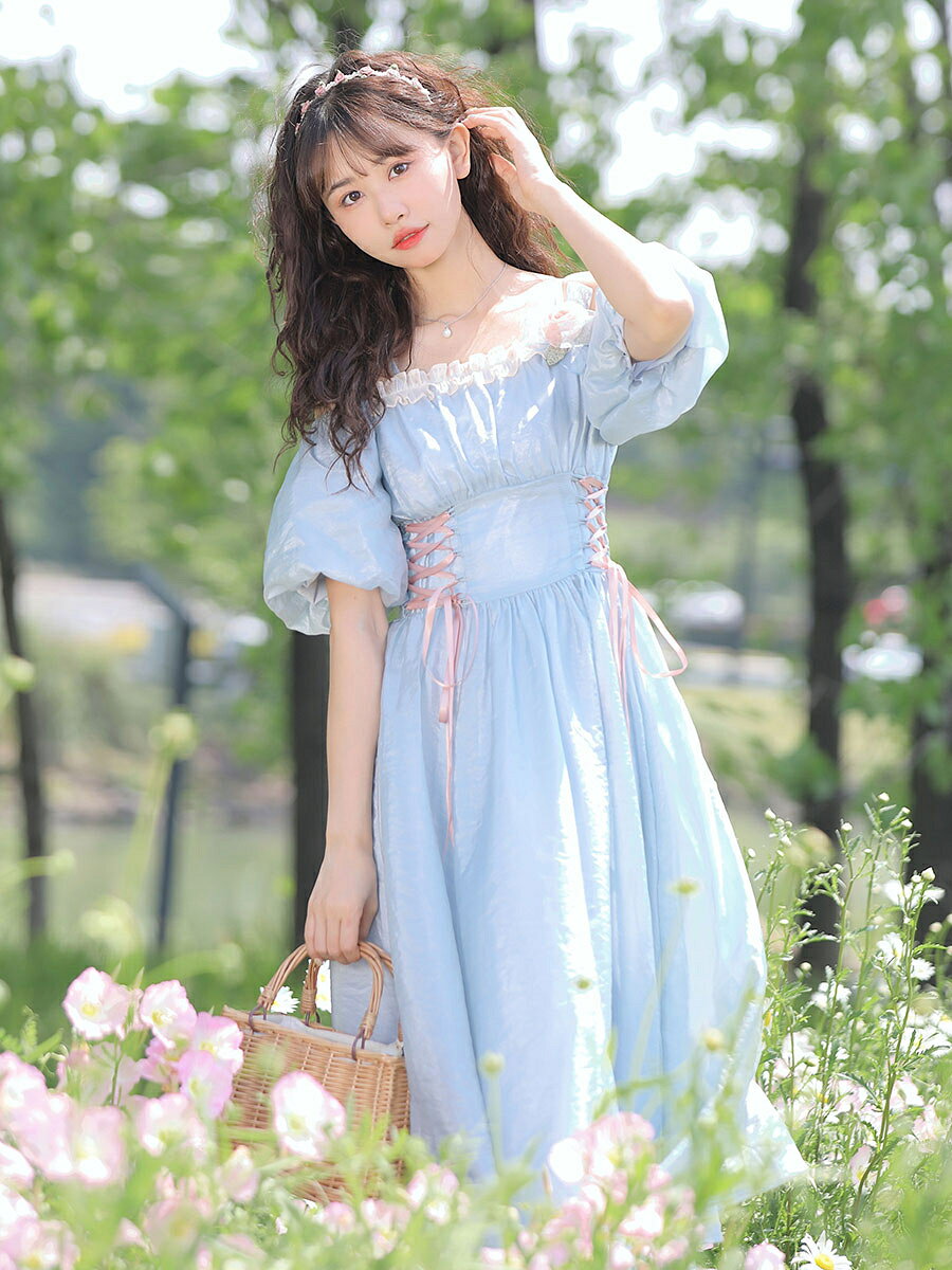 ライトスカイブルーロリータOPドレスフラワーレースアップロリータワンピースドレス