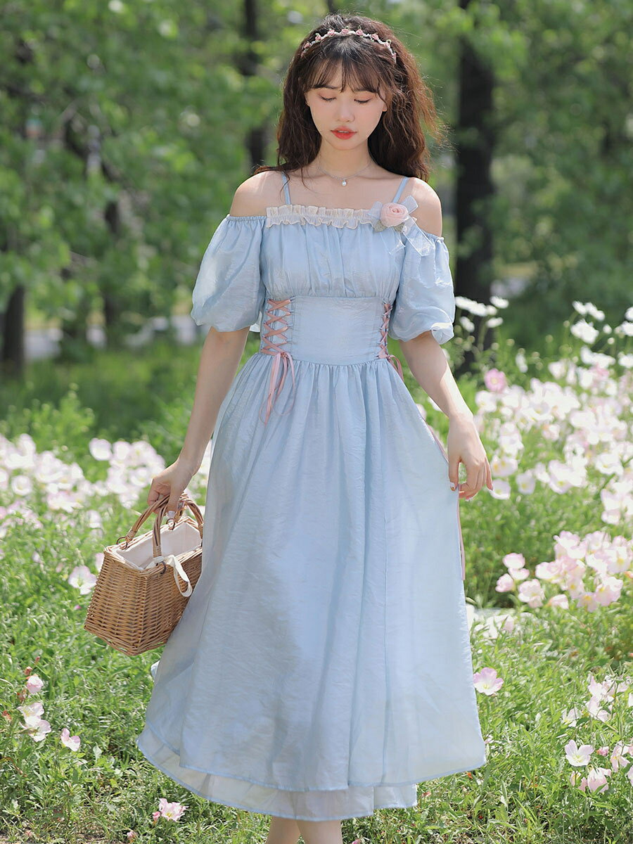ライトスカイブルーロリータOPドレスフラワーレースアップロリータワンピースドレス