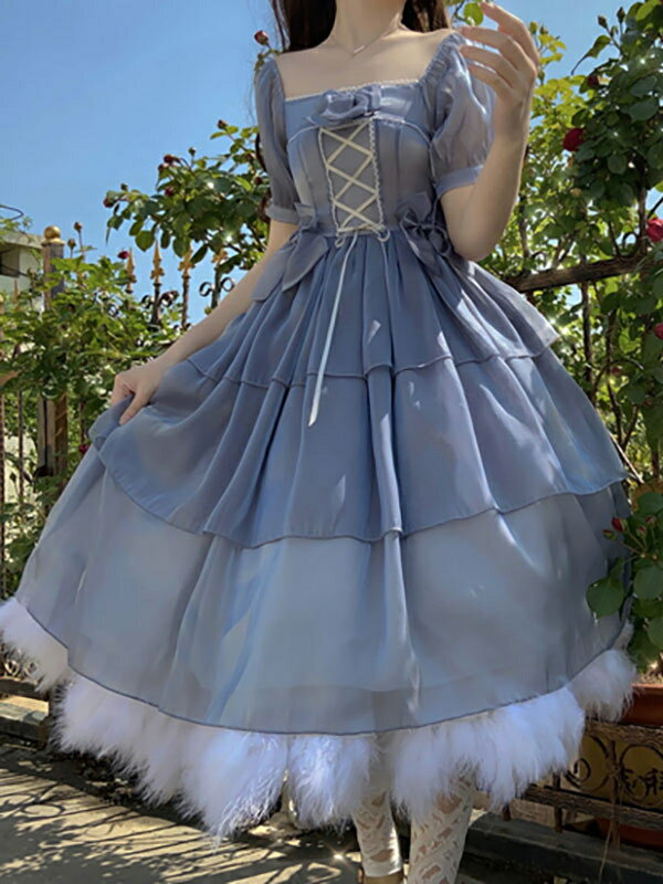 甘いロリータOPドレスフリルライトスカイブルーフローラルプリント半袖ロリータワンピースドレス