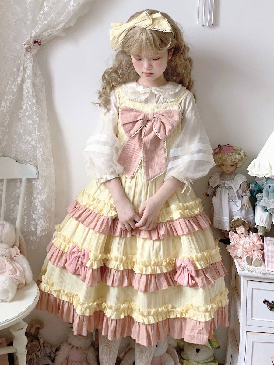 Sweet LolitaJSKドレスポリエステルボウツートーンノースリーブティアードボウフリルイエローSweetLolitaジャンパースカート