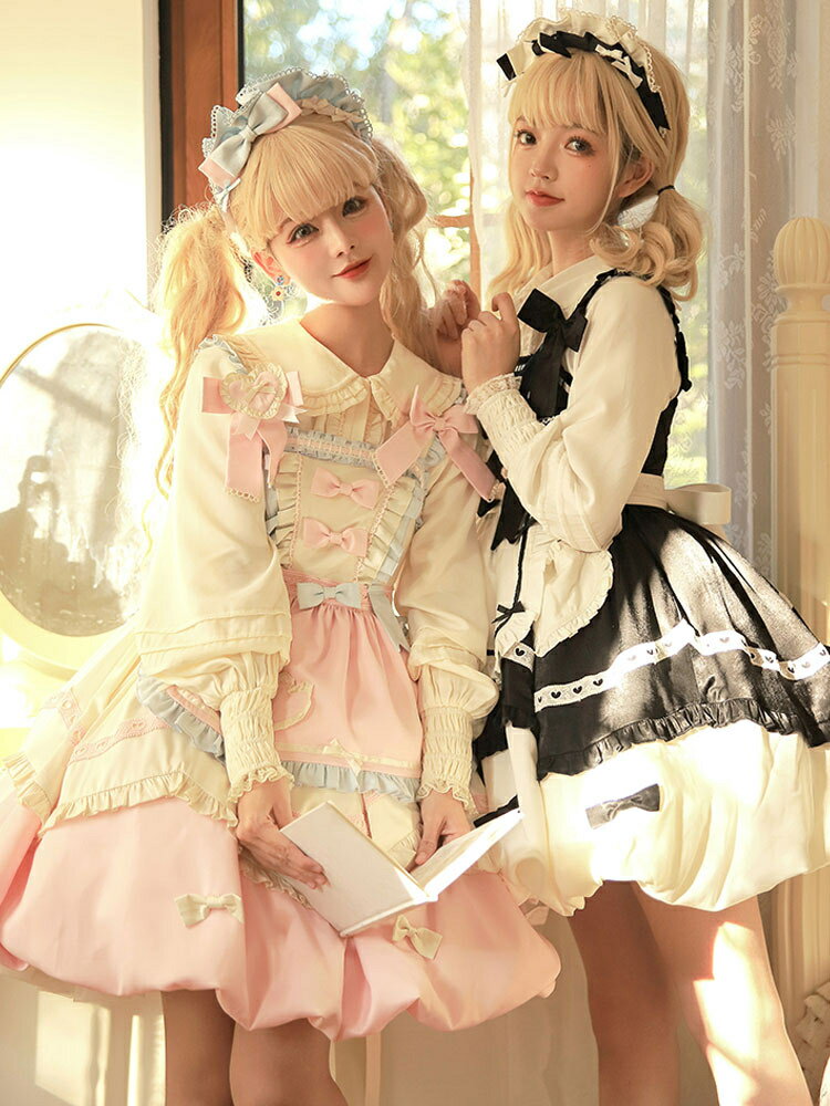 甘いロリータJSKドレスポリエステルフリル弓ノースリーブピンクロリータジャンパースカート