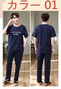 メンズ カジュアル ルームウェア 2点セット Tシャツ 長パン トップス ボトムス ロングパンツ 半袖 長ズボン 春 夏 柄 綿 部屋着