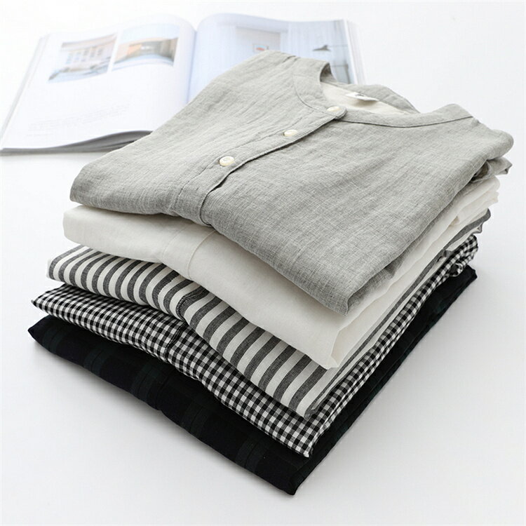 4色シャツ綿麻風立ち襟チェックスト...