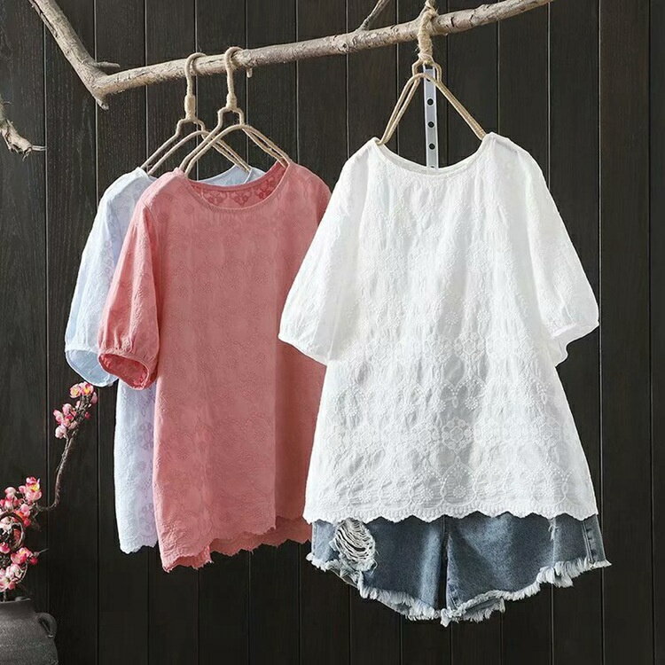 樂天商城 - シャツ ブラウス レース刺繍 トップスクルーネック レディース シャツ フォーマル オフィス 通勤OL 大人可愛い ゆったり 刺繍ブラウス 刺繍シャツ 春夏秋