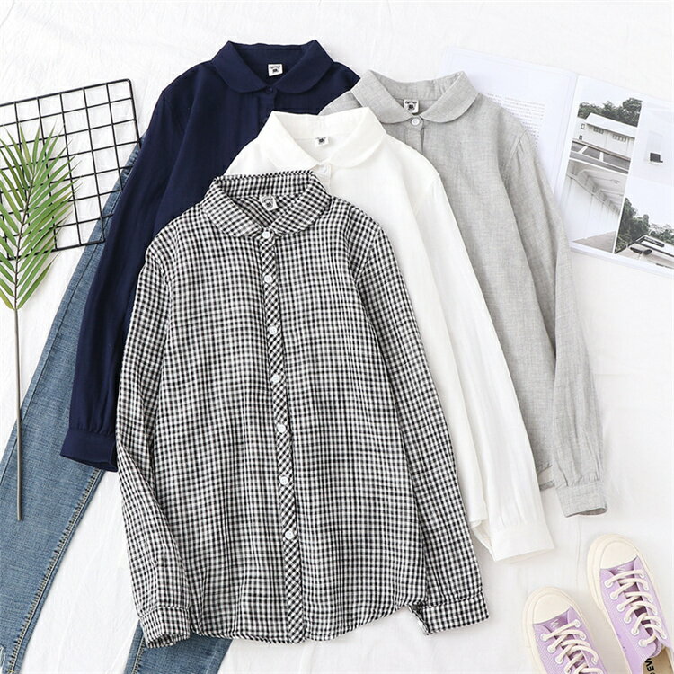 送料無料綿麻風折襟チェック無地シャ...